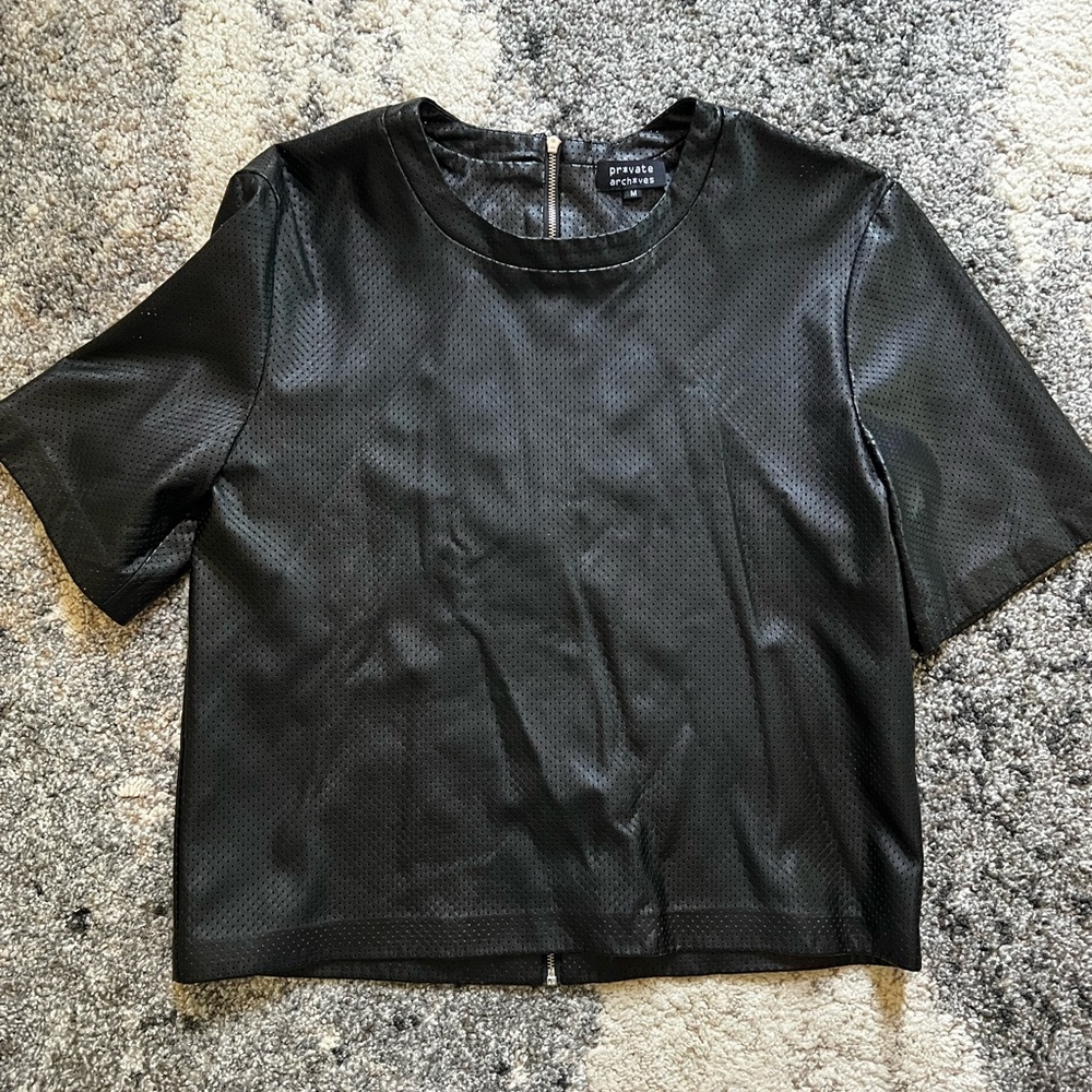 Black Boxy Fake Leather Tee